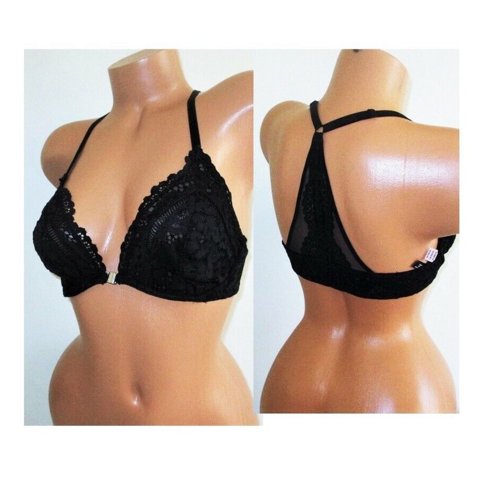 VICTORIA'S SECRET Unlined Demi Bra 32C 32D Front Close Racerback Black Lace